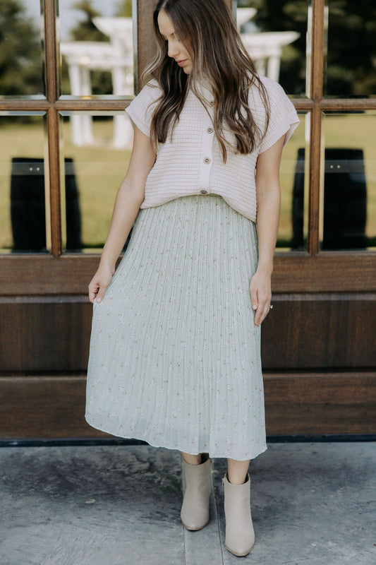 Sage Floral Pleated Skirt